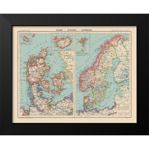 Europe Sweden Norway Denmark - Schrader 1908 Black Modern Wood Framed Art Print by Schrader