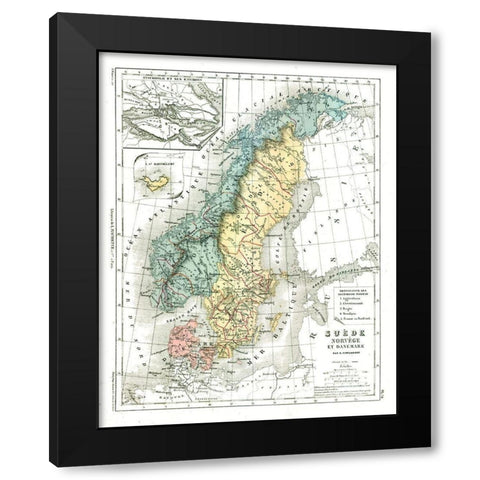 Europe Sweden Norway Denmark - Cortambert 1880 Black Modern Wood Framed Art Print by Cortambert
