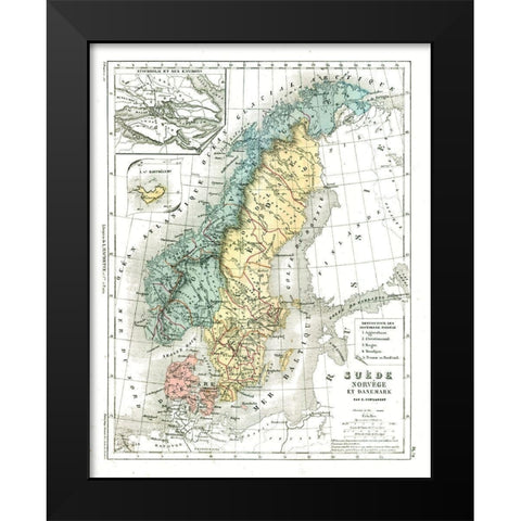 Europe Sweden Norway Denmark - Cortambert 1880 Black Modern Wood Framed Art Print by Cortambert