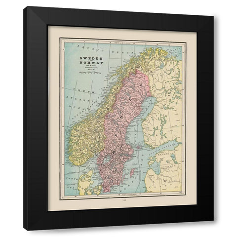 Europe Sweden Norway - Cram 1892 Black Modern Wood Framed Art Print by Cram