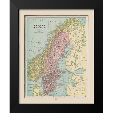 Europe Sweden Norway - Cram 1892 Black Modern Wood Framed Art Print by Cram