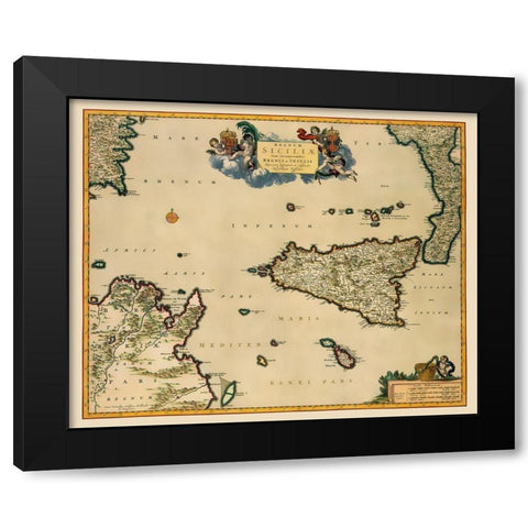 Sicily Italy - Visscher 1681 Black Modern Wood Framed Art Print with Double Matting by Visscher