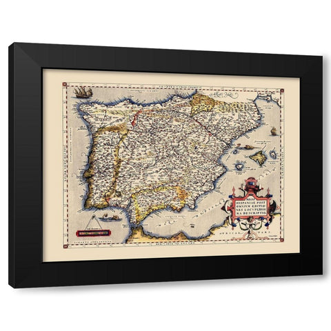 Iberian Peninsula Spain Portugal - Ortelius 1592 Black Modern Wood Framed Art Print by Ortelius