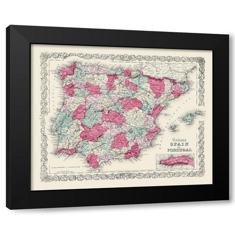 Spain Portugal - Colton 1855 Black Modern Wood Framed Art Print by Colton