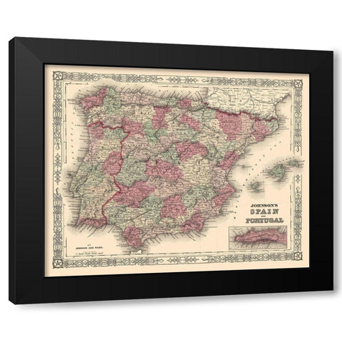 Spain Portugal - Johnson 1854 Black Modern Wood Framed Art Print by Johnson
