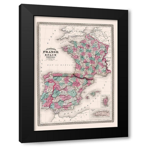 Europe Spain France Portugal - Johnson 1865 Black Modern Wood Framed Art Print by Johnson