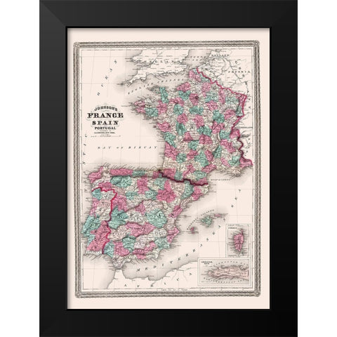 Europe Spain France Portugal - Johnson 1865 Black Modern Wood Framed Art Print by Johnson