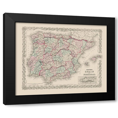 Spain Portugal - Colton 1886 Black Modern Wood Framed Art Print by Colton