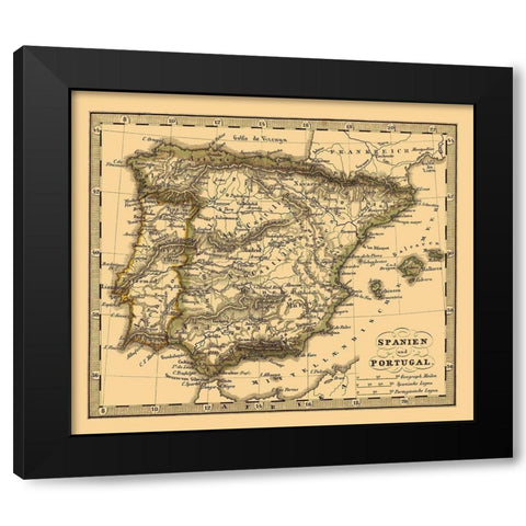 Spain Portugal - Stieler 1852 Black Modern Wood Framed Art Print with Double Matting by Stieler