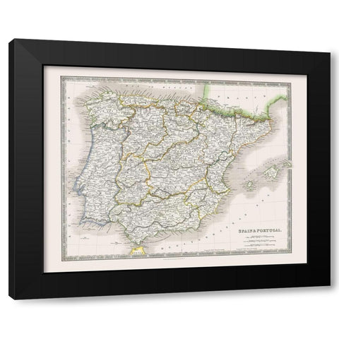 Spain Portugal - Dower 1844 Black Modern Wood Framed Art Print by Dower
