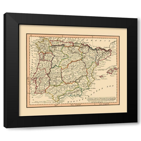 Spain Portugal - Thomas 1835 Black Modern Wood Framed Art Print with Double Matting by Thomas