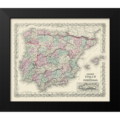 Spain Portugal - Colton 1874 Black Modern Wood Framed Art Print by Colton