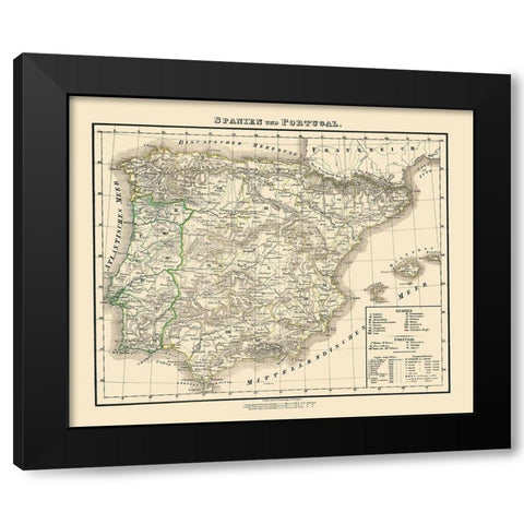 Spain Portugal - Flemming 1855 Black Modern Wood Framed Art Print by Flemming