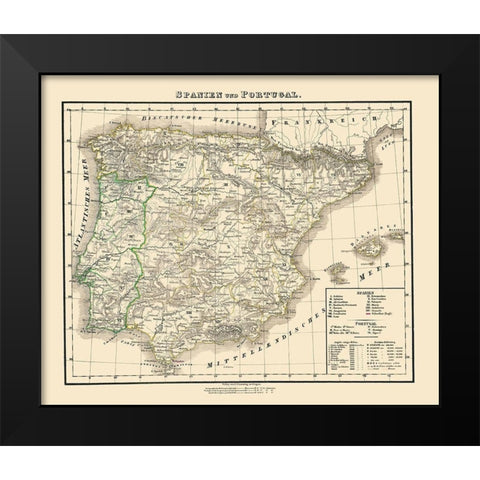 Spain Portugal - Flemming 1855 Black Modern Wood Framed Art Print by Flemming