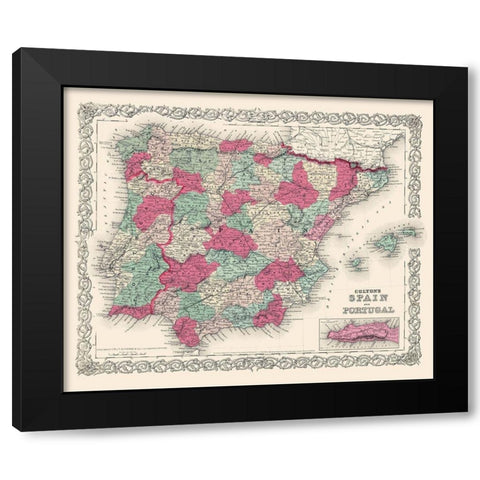 Spain Portugal - Colton 1874 Black Modern Wood Framed Art Print by Colton