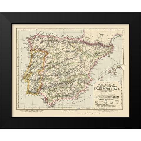 Spain Portugal - Letts 1883 Black Modern Wood Framed Art Print by Letts