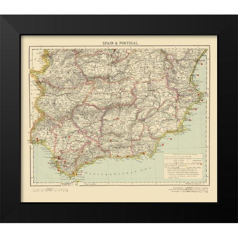Southeast Spain Portugal - Letts 1883 Black Modern Wood Framed Art Print by Letts