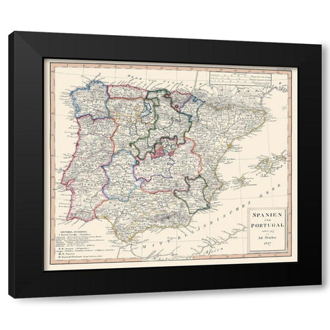 Spain Portugal - Perthes 1817 Black Modern Wood Framed Art Print with Double Matting by Perthes