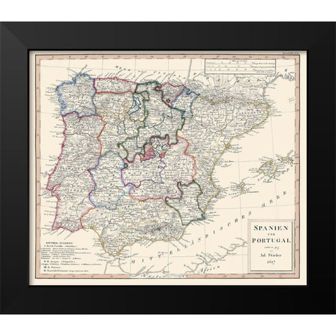 Spain Portugal - Perthes 1817 Black Modern Wood Framed Art Print by Perthes