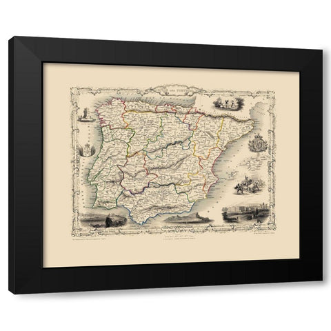 Spain Portugal - Tallis 1851 Black Modern Wood Framed Art Print with Double Matting by Tallis