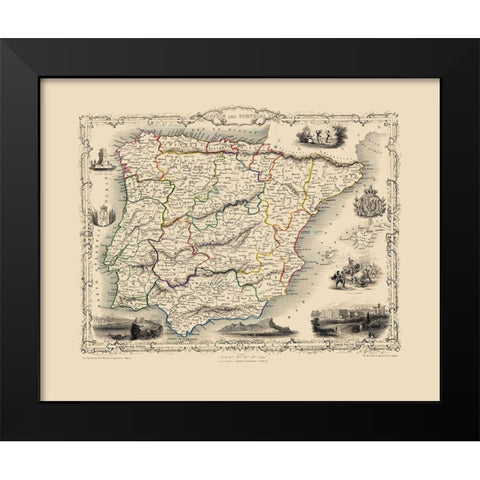 Spain Portugal - Tallis 1851 Black Modern Wood Framed Art Print by Tallis