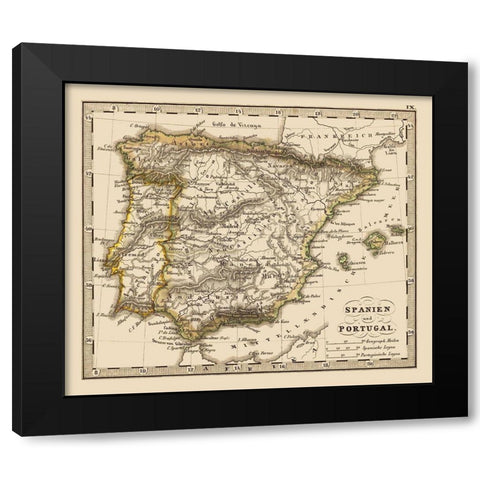 Spain Portugal - Stieler 1852 Black Modern Wood Framed Art Print with Double Matting by Stieler