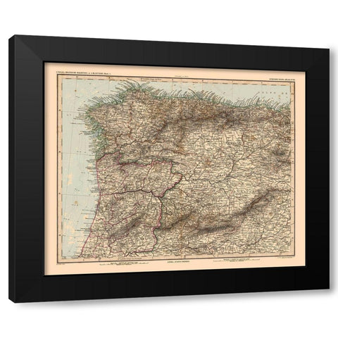North West Spain Portugal - Stieler 1885 Black Modern Wood Framed Art Print by Stieler