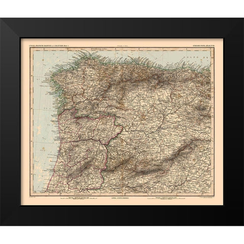 North West Spain Portugal - Stieler 1885 Black Modern Wood Framed Art Print by Stieler