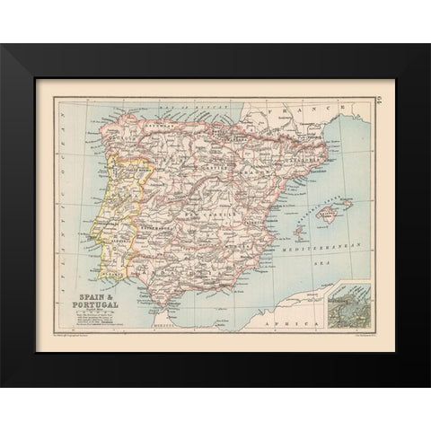 Spain Portugal - Bartholomew 1892 Black Modern Wood Framed Art Print by Bartholomew