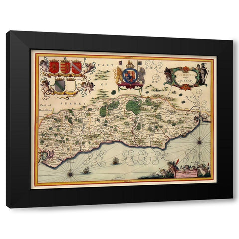 Sussex County England - Jansson 1646 Black Modern Wood Framed Art Print with Double Matting by Jansson