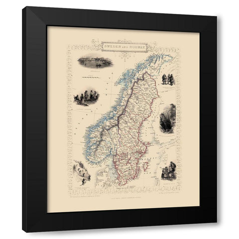 Sweden Norway - Tallis 1851 Black Modern Wood Framed Art Print with Double Matting by Tallis