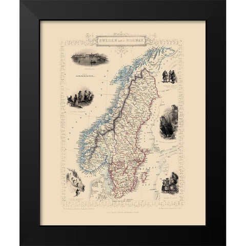 Sweden Norway - Tallis 1851 Black Modern Wood Framed Art Print by Tallis