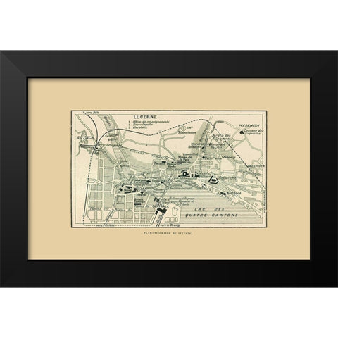 Lucerne Switzerland Route Plan - Swiss Guide 1917 Black Modern Wood Framed Art Print by Swiss Guide