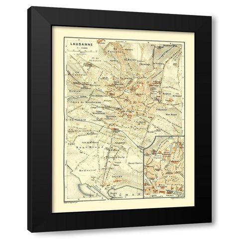 Lausanne Switzerland - Baedeker 1921 Black Modern Wood Framed Art Print with Double Matting by Baedeker