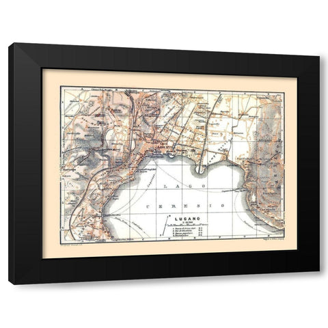 Lugano Switzerland - Bertarelli 1914 Black Modern Wood Framed Art Print with Double Matting by Bertarelli
