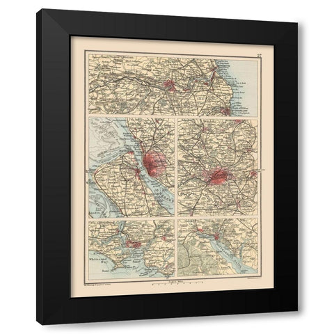 Major Cities United Kingdom - Bartholomew 1892 Black Modern Wood Framed Art Print by Bartholomew