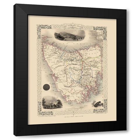 Van Diemens Land Tasmania Australia - Tallis 1851 Black Modern Wood Framed Art Print with Double Matting by Tallis