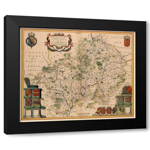Warwickshire Worcestershire England - Jansson 1646 Black Modern Wood Framed Art Print with Double Matting by Jansson