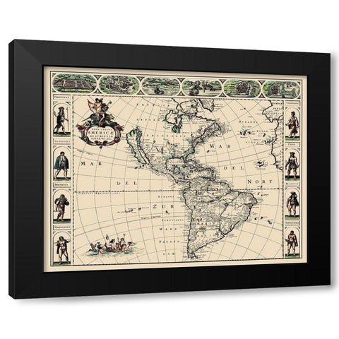 Western Hemisphere - De Wit 1660 Black Modern Wood Framed Art Print with Double Matting by De Wit