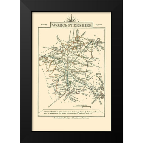 Worcestershire County England - Cary 1792 Black Modern Wood Framed Art Print by Cary