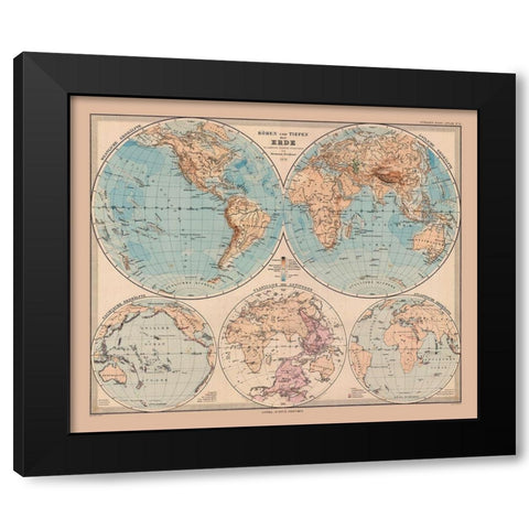 Hemispheres of Earth - Stieler 1885 Black Modern Wood Framed Art Print by Stieler