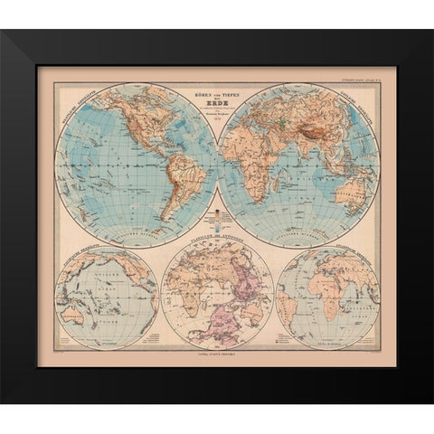 Hemispheres of Earth - Stieler 1885 Black Modern Wood Framed Art Print by Stieler
