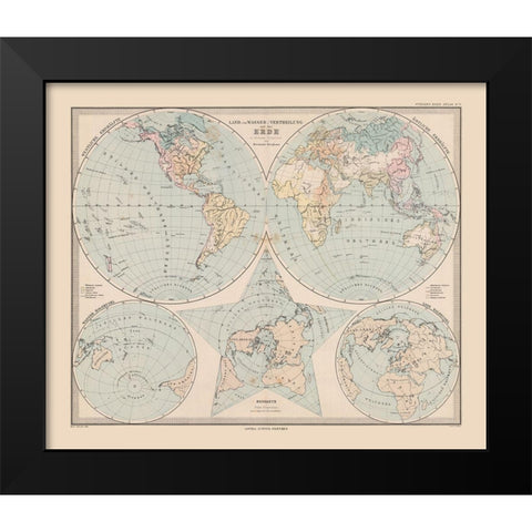 Land Water Distribution Earth - Stieler 1885 Black Modern Wood Framed Art Print by Stieler