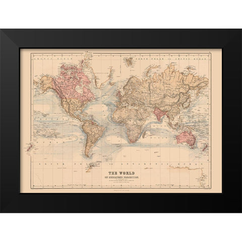 Mercator Projection - Black 1867 Black Modern Wood Framed Art Print by Black