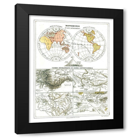 World Hemispheres - Cortambert 1880 Black Modern Wood Framed Art Print by Cortambert