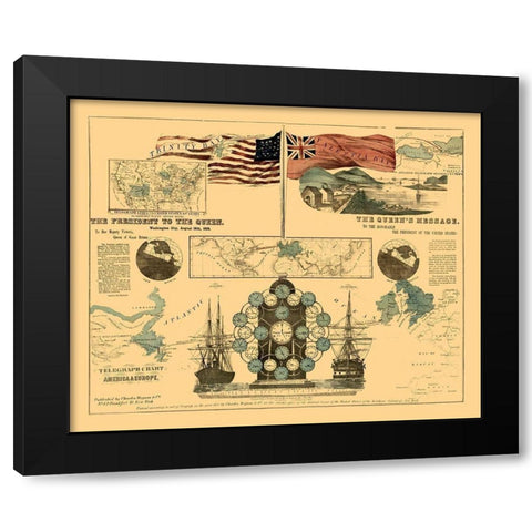 America Europe Telegraph Chart - Magnus 1858 Black Modern Wood Framed Art Print with Double Matting by Magnus