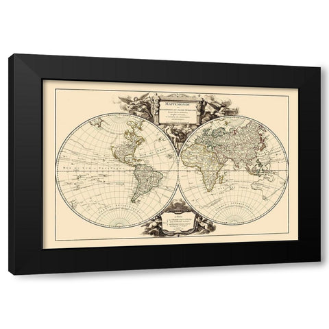 World - Vaugondy 1752 Black Modern Wood Framed Art Print with Double Matting by Vaugondy