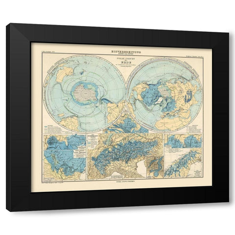 North Pole South Pole - Perthes 1884 Black Modern Wood Framed Art Print by Perthes