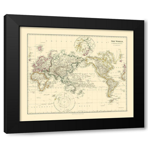 Mercator Projection - Arrowsmith 1844 Black Modern Wood Framed Art Print by Arrowsmith