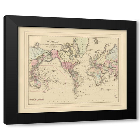 Mercator Projection American Continent Black Modern Wood Framed Art Print with Double Matting by Unknown